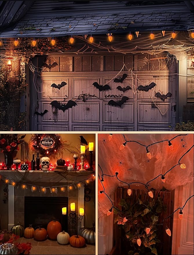 Orange Halloween String Lights Outdoor, 26Ft Halloween Decorations Lights with 50 C7 LED Strawberry Orange Bulbs, Hanging Outdoor Patio Light for Outside Roofline Fall House Window Holiday Party Decor