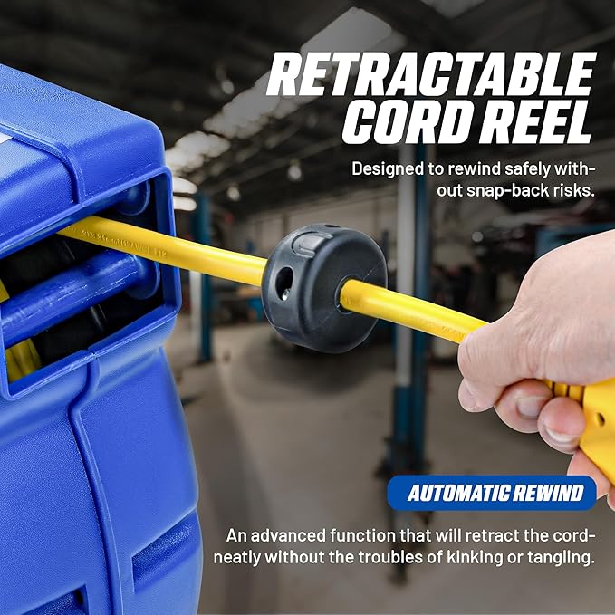 Goodyear Retractable Extension Cord Reel – Heavy-Duty Commercial Cable with Triple Tap Connector, Auto-Rewind & Wall/Ceiling Mountable (Enclosed, 12AWG x 65 ft)