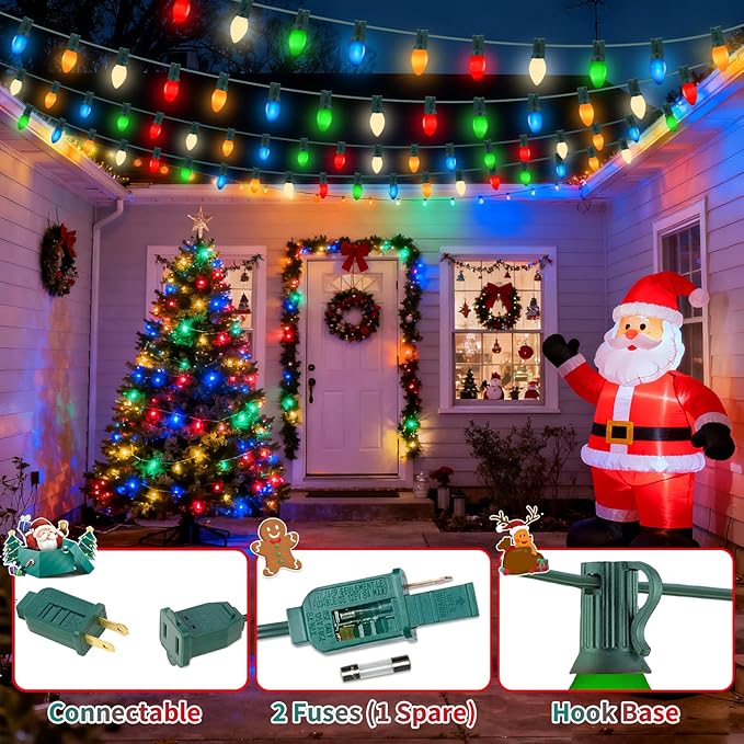 50FT C7 Christmas Lights Outdoor, Multicolor Vintage Christmas Lights String with 50+5 Ceramic Bulbs,Hanging Christmas Light Green Wire for Holiday Party Wedding Christmas Decorations