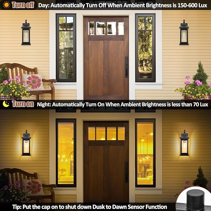 Dusk to Dawn Large Outdoor Wall Light 17 Inch, Exterior Light Fixture Porch Light with Tempered Clear Glass, IP65 Waterproof Anti-Rust Outside Wall Sconce Matte Black Wall Lantern, 1-Pack
