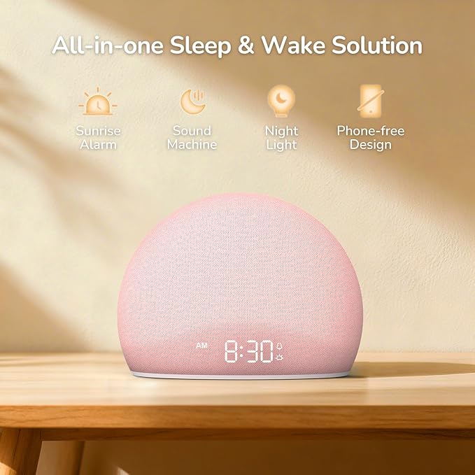 HOUSBAY Sunrise Alarm Clock, White Noise Sound Machine for Bedroom | Natural Wake-Up Light with Gentle Alarm Sounds, 20 Soothing Sleep Aids, Dimmable Display, Screen-Free Design - Pink