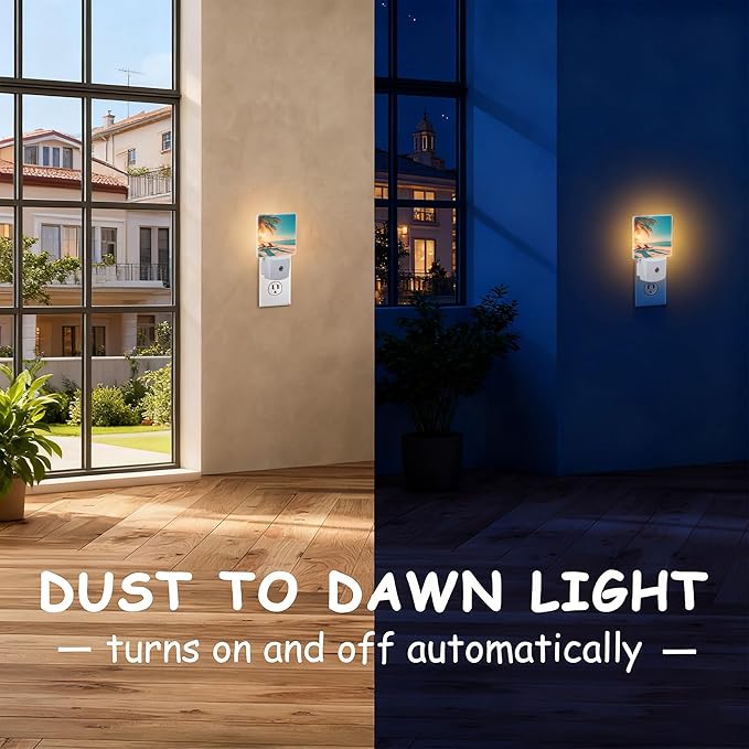 Beach and Sunset Night Light for Kids, Dusk-to-Dawn Auto Sensor Plug in Night Light, 0.5W Energy Saving Non-Toxic Design for Bedroom/Bathroom, Ideal Gifts for Women, Men & Kids