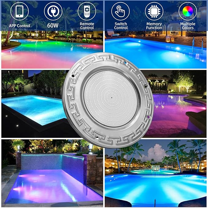 Pool Lights for Inground Pool, 60W 10 Inch Color Changing LED Inground Pool Light with Controller, Remote and APP Control for Wet Niche, Underwater Swimming Pool Lights, 100 Foot Cord