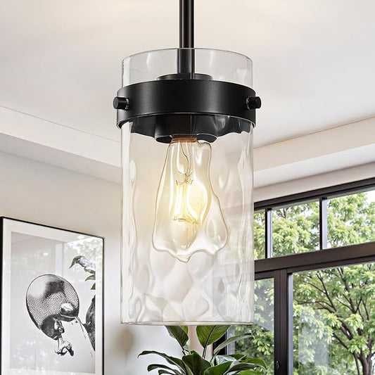 4.72" Hammered Glass Pendant Lighting for Kitchen Island 1 Pack, Modern Black Pendant Light Fixtures, Adjustable Ceiling Pendant Light for Kitchen Island Dining Room Bedroom Hallway