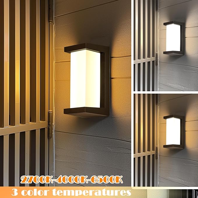 Black Outdoor Light Fixtures Wall Mount, IP65 Waterproof Porch Lights Outdoor Wall Sconce, 2 Pack Rectangular Modern Exterior Lighting Fixtures for House Front Door,3-Color Temperature