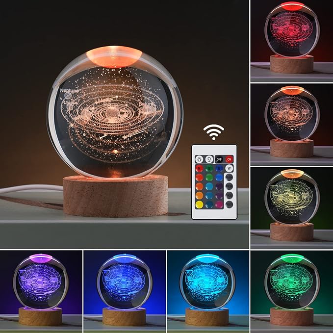 3D Galaxy Crystal Ball Night Light for Gifts with Colorful LED Light Base, Color Changing Light with Remote as a Birthday Gift for Teens Boys and Girls, Solar System Model
