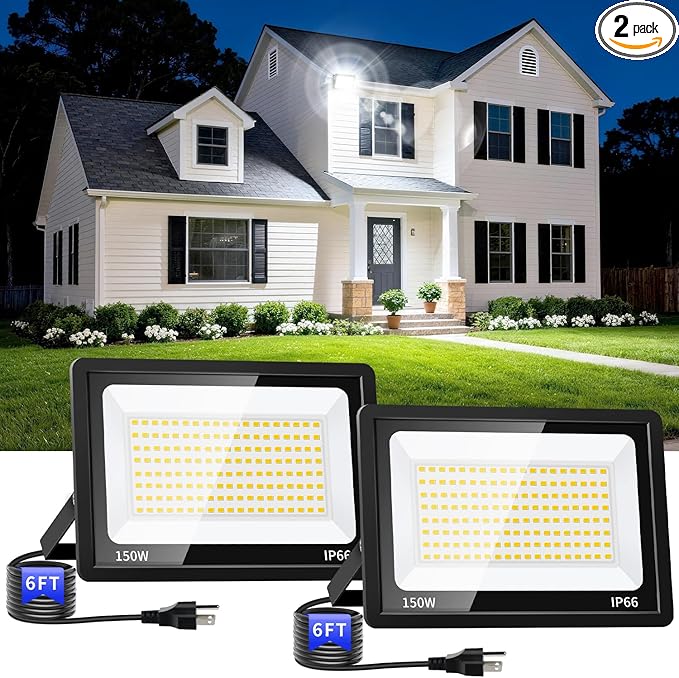 150W LED Outdoor Flood Lights with Plug, 18000lm Bright Work Light with 6ft Cord, 5000K Daylight White Exterior Floodlight, IP66 Waterproof Security Light Yard Lights for Garage Stadium 2 Pack