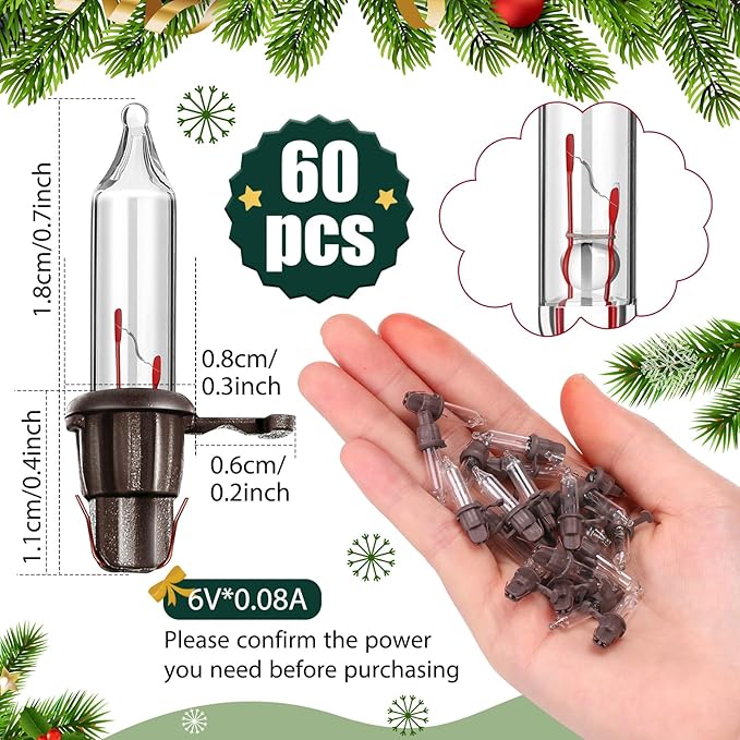 Mudder 60 Count Christmas Replacement Mini Light Bulbs with Base Christmas Tree Incandescent Wire String Lights Replacement Bulbs for Xmas Indoor Outdoor Decoration(Brown Base Warm White,6vx0.08a)