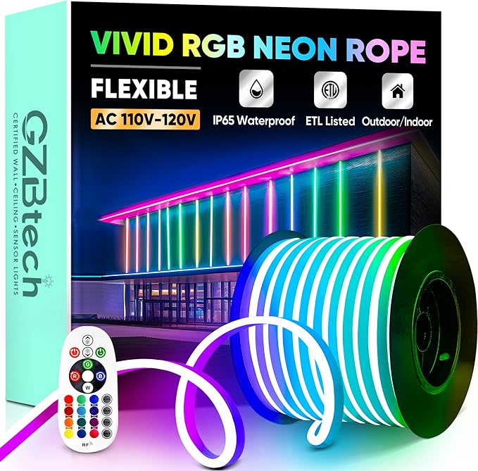 GZBtech RGB LED Neon Rope Lights 100FT/30M, AC 110-120V Waterproof Color Changing LED Rope Light with Remote Control, Dimmable Multi Color Strip Lighting for Indoor Outdoor Commercial Use, ETL Listed