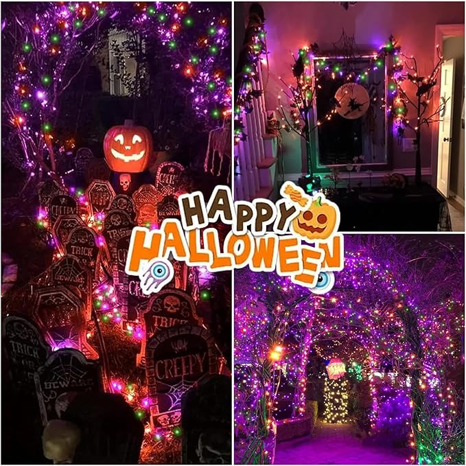 LAMPHOME 99ft Halloween Lights, 300 LED Transparent Wire Fairy Starry String Light Plug in, 16Lighting Modes for Indoor Outdoor Xmas Tree Wedding Party Decoration (Orange Purple Green)
