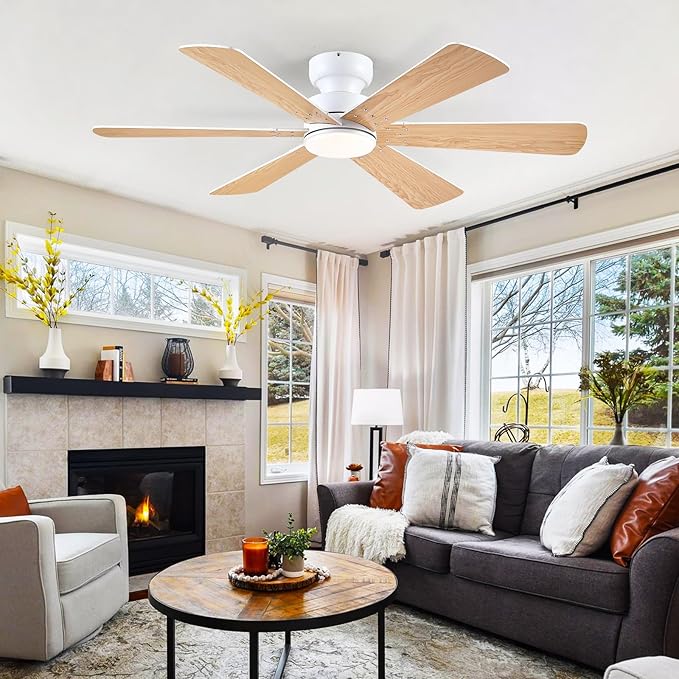 52 inch Ceiling Fans with Lights, Ceiling Fan with Remote APP, Dual-Sided Modern/Rustic 6 Blades, Reversible, 3CCT, Flush Mount Low Profile Ceiling Fan with Lights Bedroom Kitchen Indoor White