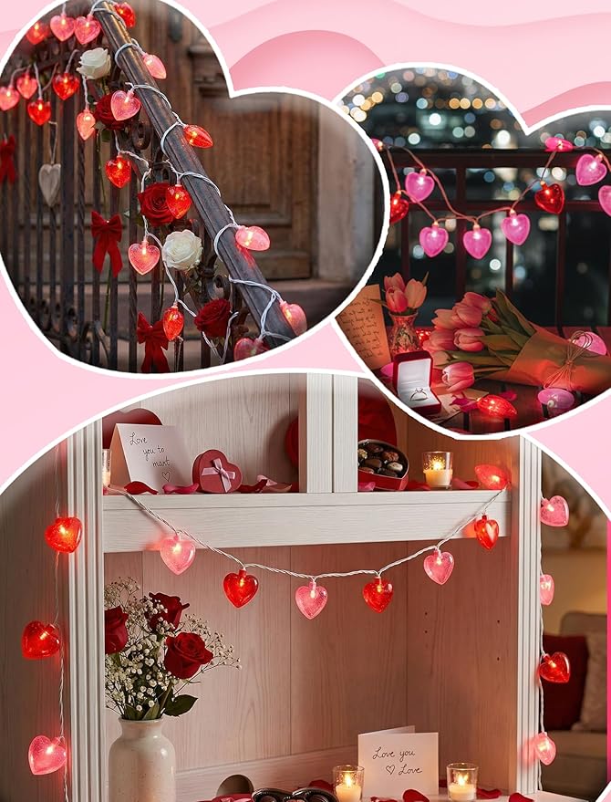 LED Heart String Lights, 8.5Ft Valentine's Day Heart String Lights with 10 Red /Pink Hearts, Romantic Love Heart Lights for Valentine's Day, Mother's Day, Party Decor, Wedding, Holiday Decorations