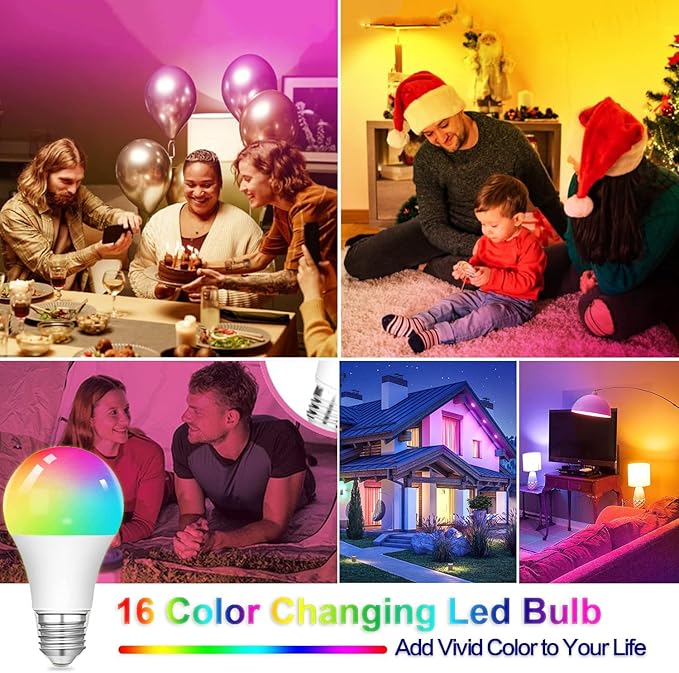 RGB Color Changing Light Bulbs,9W RGB LED Light Bulbs,40W Equivalent A19 E27/E26 Warm White 6500K,16 Color Multicolor Light Bulb Dimmable Light for Home Party Bedroom Outdoor(1Pack)