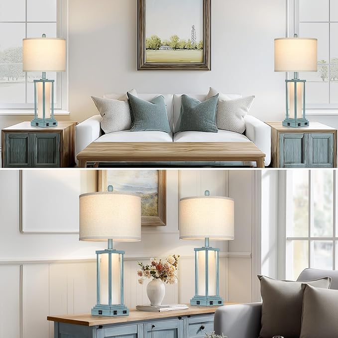 27" Tall Vintage Table Lamp Set of 2 with USB C+A & Outlet,Nightstand Lamp for Living Room,Coastal Bedside Lamps with Frosted Glass Night Light for Bedroom Entryway,Blue