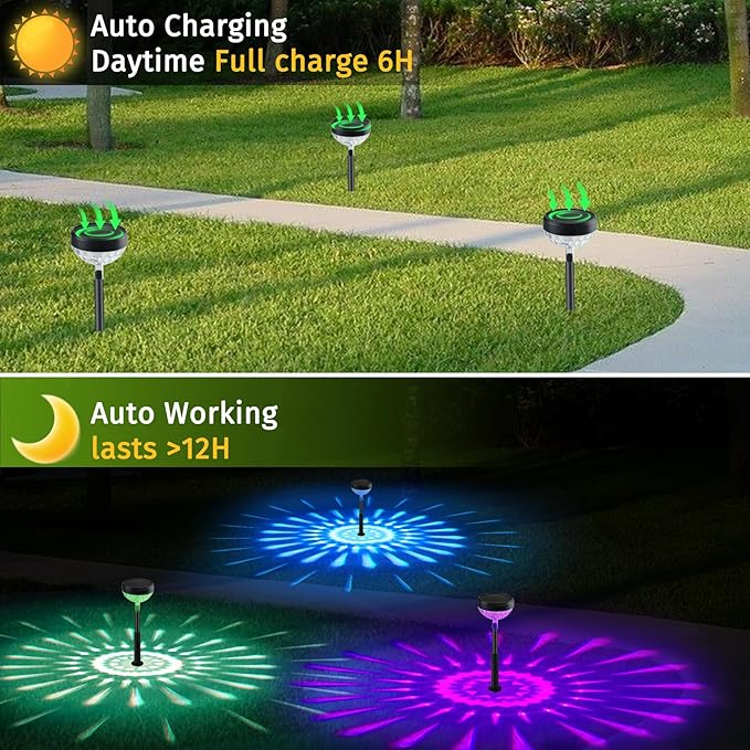 6Pack Solar Pathway Lights Outdoor, Color Changing+8 Fixed Color (Warm White, Cool White, Colored) Solar Lights Outdoor, Bright Solar Powered Garden Light