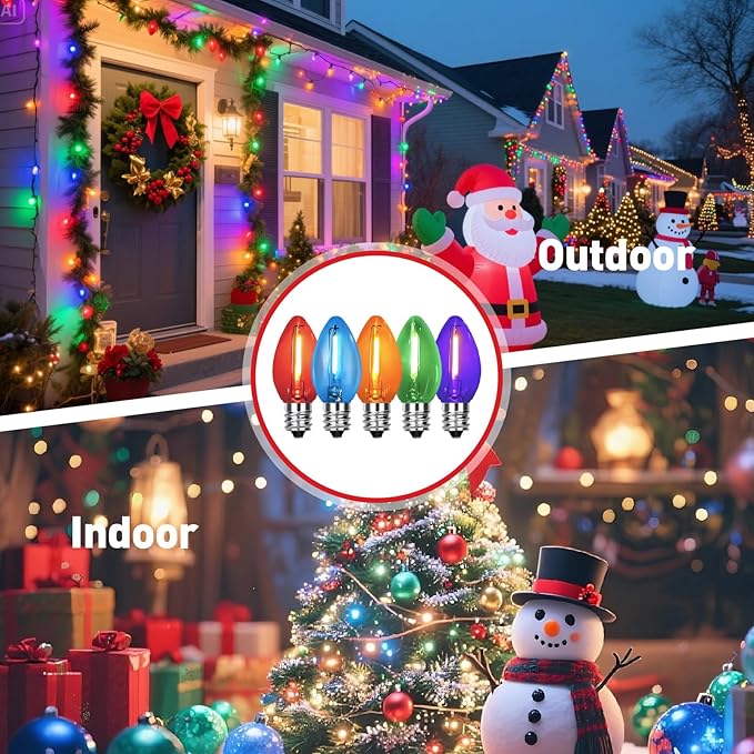 C7 Replacement Bulbs, Christmas Lights Bulbs, 0.6W Multi-Color Clear LED Light Bulbs, Colorful Light for Xmas Tree Patio Prom Indoor Outdoor String Lights Decor, E12 Candelabra Base-10 Pack