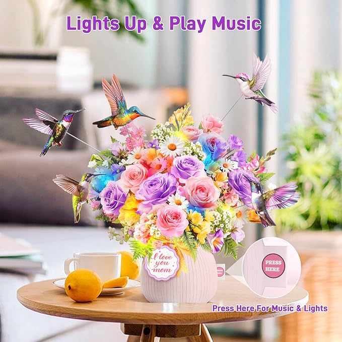 Mothers Day Card with Music & Lights, 3D Pop Up Mothers Day Gift, Hummingbird, 10 Inch Life Sized Forever Flower Bouquet Birthday Card For Mom, Women, Wife