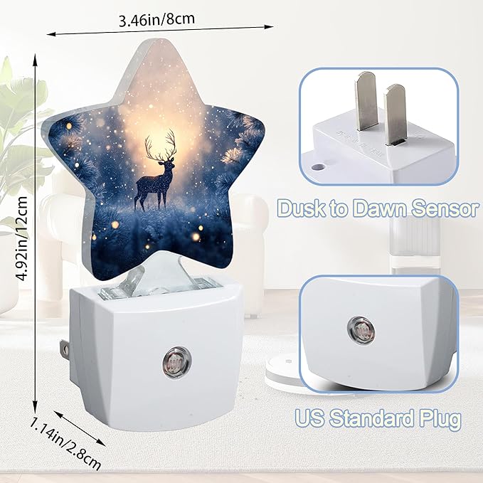 Christmas Deer Dusk to Dawn Star Night Light,Winter Tree Snowflake Smart Sensor Nightlight for Bedroom Kitchen Hallway Stairs,Plug-in Energy Efficient Decor Desk Lamp Women Men Gifts