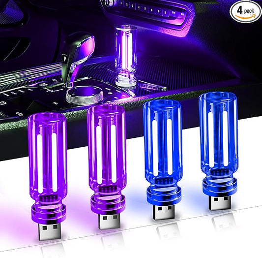 USB Car Night Light,Touch Dimmable Mini LED Lights,Portable Retro Glass Bottle Decorative Lights for Car Interior, Bedroom,Hallway & Party Decor,4-Pack (2Purple&2Blue)