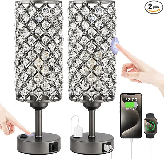 Hong-in Gray Crystal Lamp Touch Control Set of 2, Crystal Table Lamps with USB C+A Ports & AC Outlet, 3-Way Dimmable Nightstand Touch Lamp, Modern Bedside Table Lamp for Bedroom(Bulbs Included)