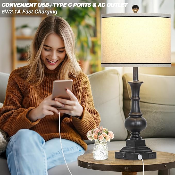 Farmhouse Lamps Set of 2, Antique Vintage Rustic Touch Control Table Lamps with USB A+C Ports & AC Outlet, Retro Classic Bedside Nightstand Lamp for Living Room Bedroom Office Black