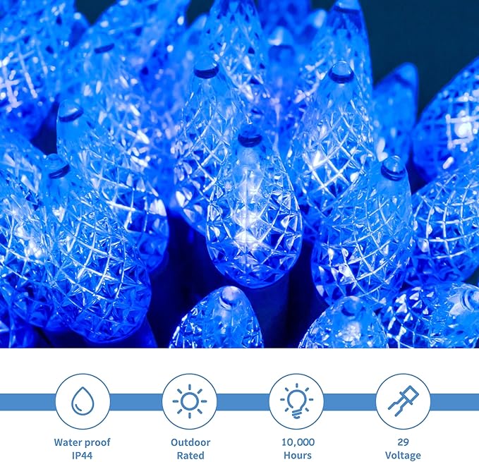 WATERGLIDE C6 Christmas Lights, 33ft 100 LED Faceted String Lights Green Wire Fairy Lights with 29V Safe Adaptor, 8 Lighting Mode, Waterproof for Indoor Outdoor Patio Xmas Tree Party Decor, Blue