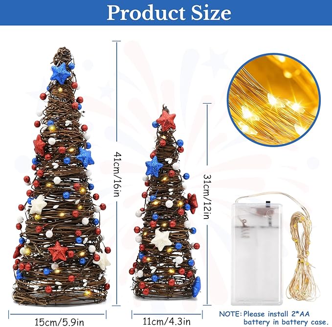 CRCZK 250 Anniversary USA Table Rattan Trees with LEDs, 4th of July Independence Day Table Centerpiece,Rustic Farmhouse Memorial Day Decorations 2PACK Red White Blue Patriotic Decorations