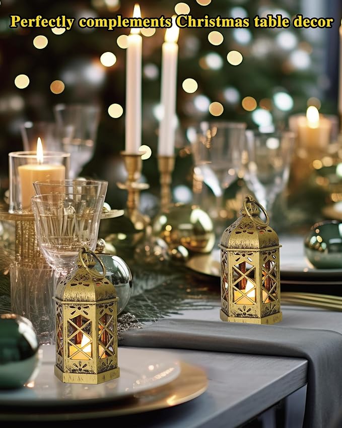 8-Pack Mini Lanterns with Flickering LED Candles for Ramadan, Small Decorative Hanging Lanterns for Halloween, Christmas, Wedding, Gold Lantern for Table Centerpiece, Garden Party Decor