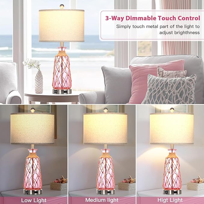25.5" Coastal Glass Table Lamps Set of 2, 3-Way Dimmable Touch Control Bedside Lamps with 2 USB Ports and AC Outlet, Pink Nautical Nightstand Lamps for Bedroom Living Room (LED Bulbs Included)