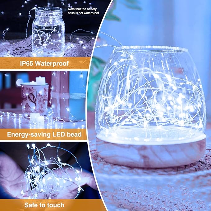 【10 Pack】Fairy Lights Battery Operated with Timer, 7FT 20LED String Lights Waterproof Silver Wire Fairy Light Battery Powered Twinkle Lights for Bedroom Christmas Wedding Indoor Party Decor Cool White
