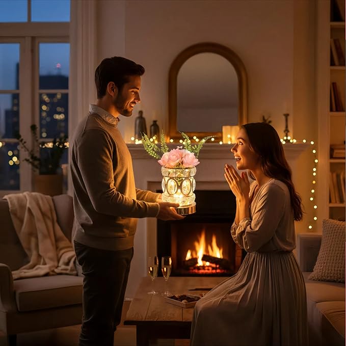 Rose Flower Lamp, Rechargeable Cordless Touch Crystal Bedside Table Lamp with 3-Color Dimmable Small Night Light - Birthday Gifts for Women, Mom, Wife, Living Room, Bedroom Decor, Romantic Home Decor