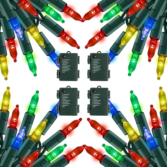 TW SHINE Battery Operated Christmas Lights, 4 Pack Total 200 LED 64 FT Battery Operated String Lights with 8 Modes, Xmas Lights for Outdoor Indoor Wedding Party Home Decorations, Multi Color