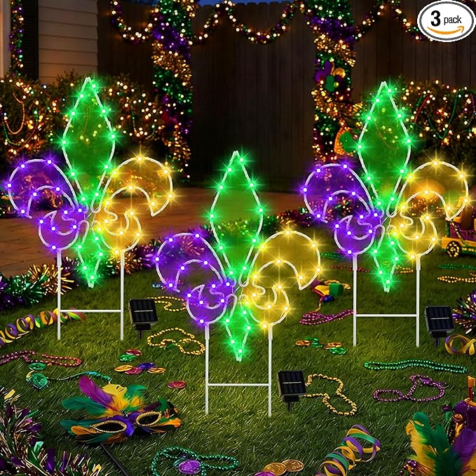 Retisee 3 Pack Mardi Gras Solar Outdoor Lights- Purple Green Gold Yard Stakes Lights, Fleur De Lis Metal Wire Decorative Solar Lamps,for Patio Lawn Yard Pathway Party Outdoor Decor, 6–8 Hour Runtime