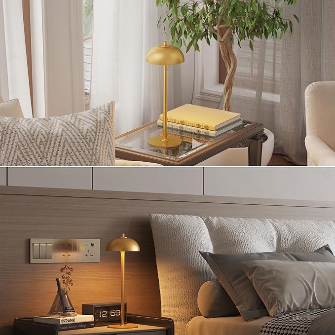 Rechargeable Cordless Table Lamp - 5000mAh Battery Operated Table Light, 3 Color Stepless Dimmable LED Table Lamp with Memory Function for Indoor, Outdoor, Dinner, Home, Restaurant.(Gold)