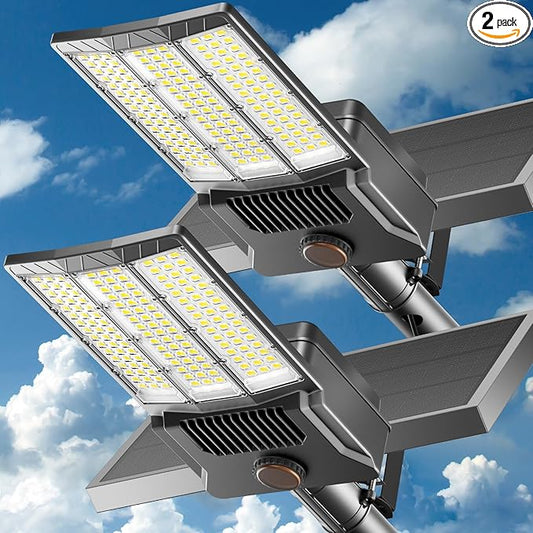 10000W Solar Street Light Outdoor, Commercial Grade Outdoor Solar Lights Dusk to Dawn, Large Panel Pro Outside Light with Motion Sensor and Remote, Solar Parking Lot Lights for Yard, Country 2 Pack