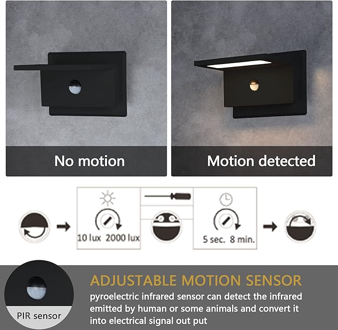 Lustrlach Outdoor Wall Light Black LED Exterior Motion Sensor Light Fixture for House Waterproof Wall Mount Porch Light for Garage Outside Garden 10W 3000K