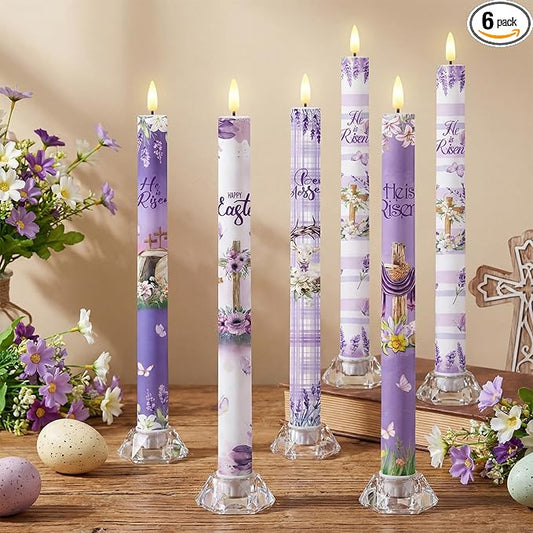 6 Pcs Easter Flameless Candle Set He is Risen LED Flameless Taper Lent Candles with Battery Operated Purple Cross Christian Celebration Candles with Remote for Easter Spring Home Decor Gifts