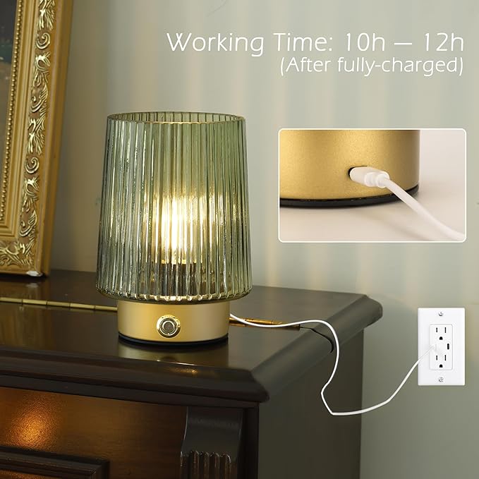 Cordless Lamp Rechargeable Battery Operated lamp, Glass Small Table lamp - Portable Dimmable Brightness Touch Wireless Bedside Lamp for Bedroom/Kitchen/Entryway/Home Living Room Decor Green