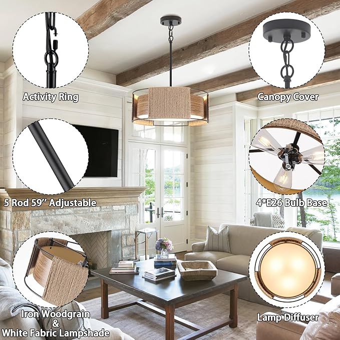 Rattan Chandelier 3-Light, 15.74'' Dual-Layer Shade Rustic Rattan and Metal Wood Grain Round Pendant Light Kitchen Island Lighting Hanging Drum Chandeliers for Entryway Foyer Bedroom Living Room