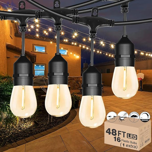 Outdoor String Lights for Outside 48FT with 15+1 2700K LED S14 Shatterproof Bulbs for Patio Back Yard Porch, Linkable