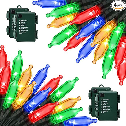 Lomotech Battery Operated Christmas Lights - 4 Pack Total 66ft 200LEDs Mini String Lights 8 Modes Waterproof with Timer for Home, Garden, Party, Holiday, Tree Decoration （Green Wire,Multicolor）