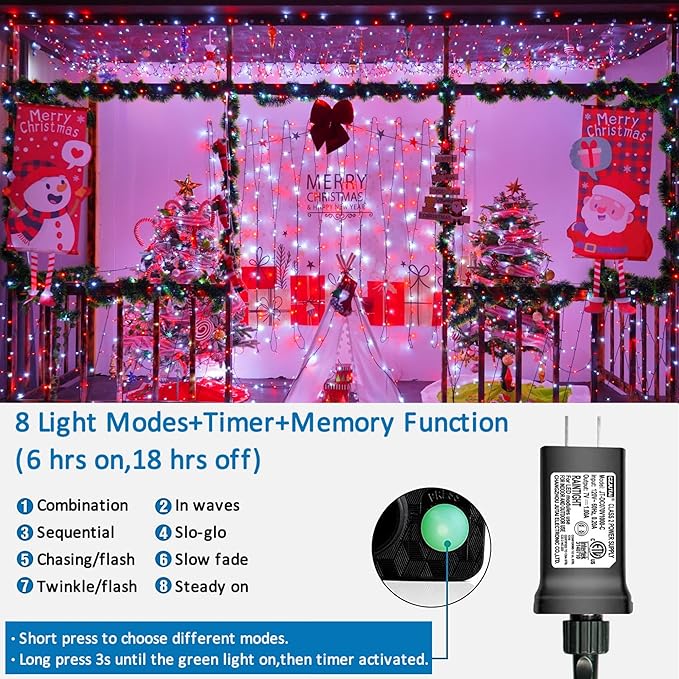 YEGUO 165ft 500 LED Christmas Lights Indoor, Red and White String Light Outdoor Waterproof, 8 Modes Green Wire Plug in with Timer Memory