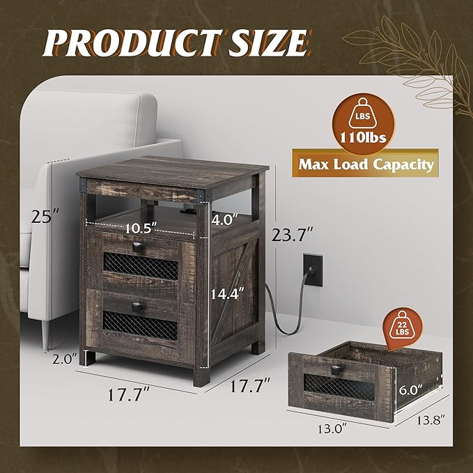 WLIVE Night Stand with Charger Station, End Tables Bedroom, Living Room, Bed Side Table with 2 Wooden Storage Drawers, Farmhouse Nightstand with USB Ports and Outlets, Dark Rustic Oak