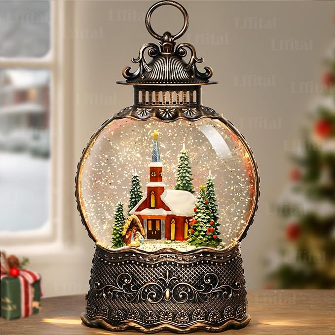 Christmas Snow Globes Church Snow Globe Lantern, Lighted Christmas Decorations Indoor for Home with Music Timer Glitter, Nativity Musical Festival Gifts, USB & Battery Operated 10.6 inch