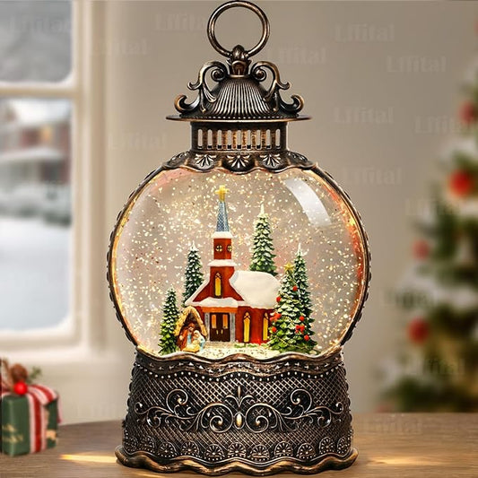 Christmas Snow Globes Church Snow Globe Lantern, Lighted Christmas Decorations Indoor for Home with Music Timer Glitter, Nativity Musical Festival Gifts, USB & Battery Operated 10.6 inch
