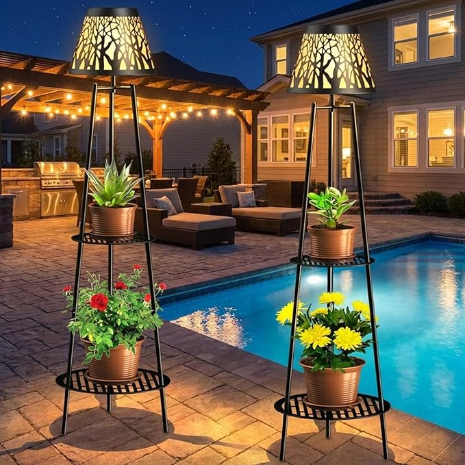 2 Pack Outdoor Solar Floor Lamp with Plant Stand, Waterproof Metal Garden Lights with 2-Tier Shelves, Decorative LED Cordless Patio Lamp for Porch, Deck, Balcony, Yard & Corner Decor (Bronze)