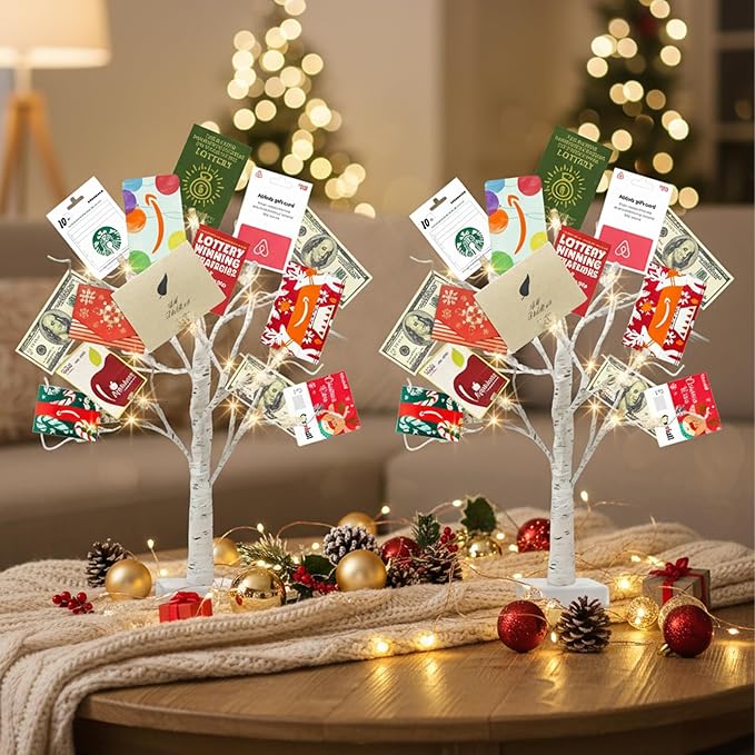 EAMBRITE Money Tree Gift Holder, Gift Card Tree 2FT 24LED, Lighted Birch Trees Battery/USB Powered Timer Photo Display with 12 Clear Clips and 12 Cards for Home Christmas Halloween Picture Memo 2 Pack