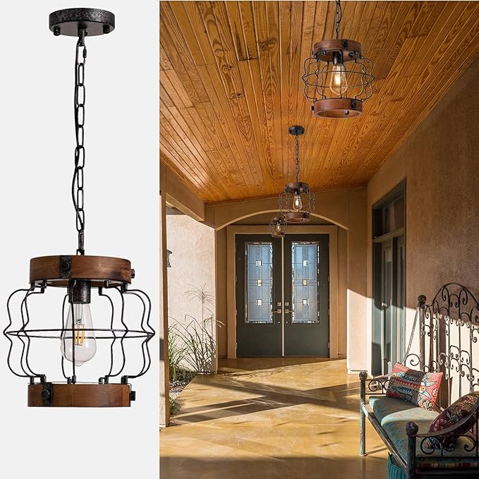 Rustic Pendant Light Fixtures, Farmhouse Chandelier, Vintage Industrial Metal and Wood Chandelier Hanging Pendant Light for Kitchen Island Foyer Hallway Bar Dining Room, D 10.2" x H 10.2"
