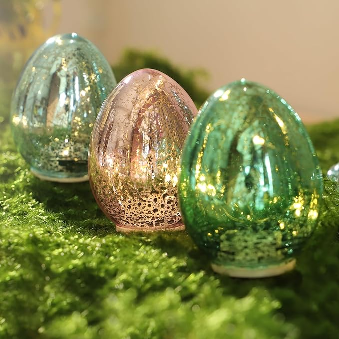 Easter Eggs Decoration Handcrafted Glass Egg Light for Nursery Egg Night Light Battery Operated Ideal Easter Table Decorations (Set of 3)