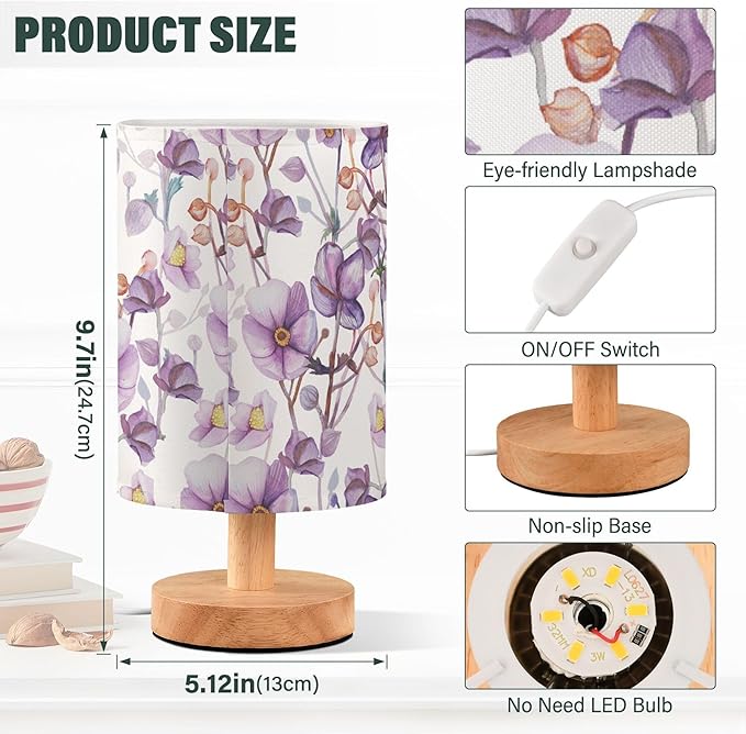Floral Pattern Elegant Purple Flower Table Lamp with Wood Base Fabric Lamp Shade Bedside Nightstand Desk Lamp for Living Room Bedroom Kids Room Office